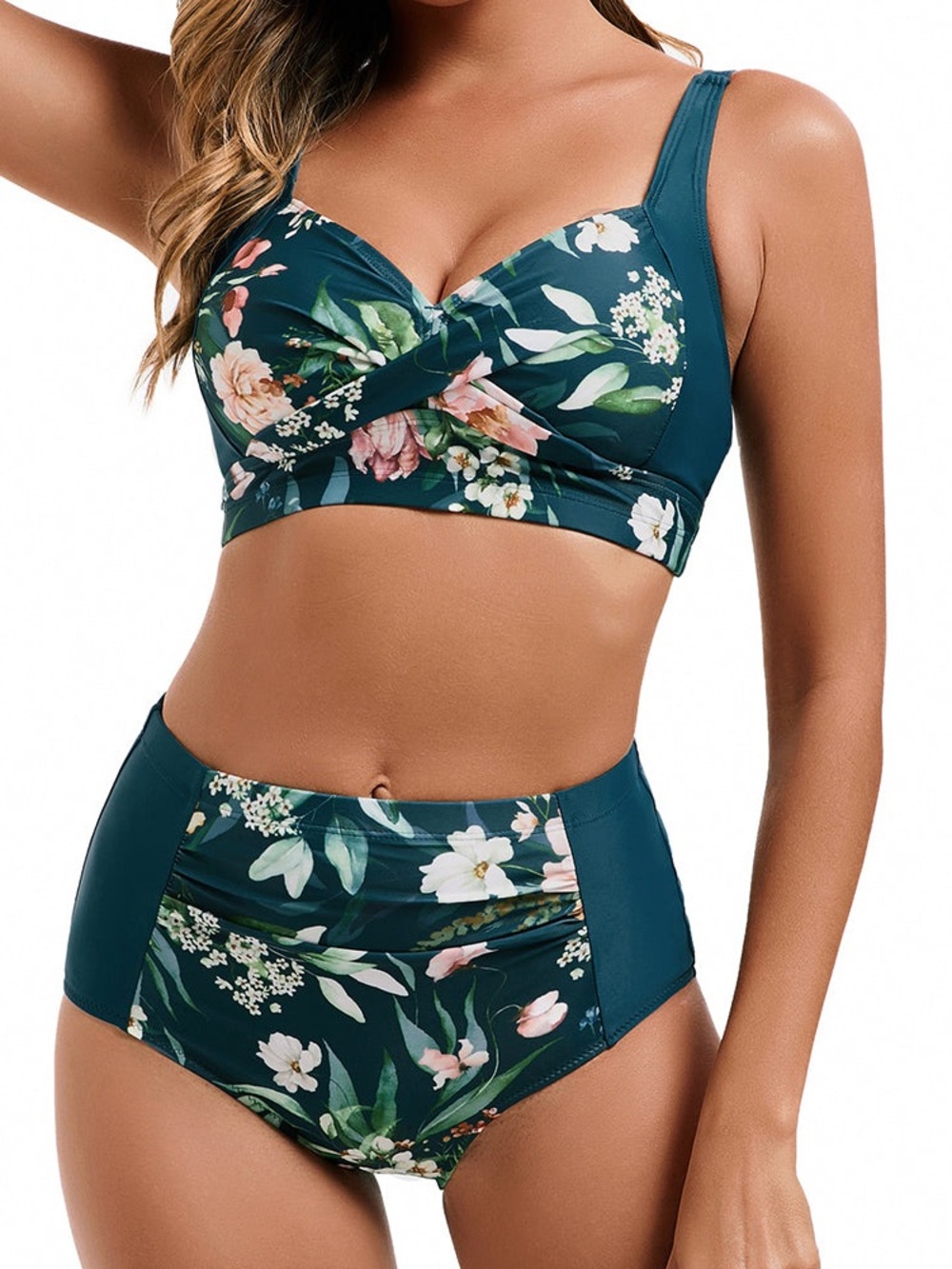 Hanna Nikole Floral Twist High-Waist Bikini Set - Teal Size XL NWT